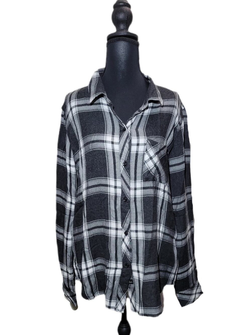 Rails Womens L Hunter Black White Plaid Lumberjack Grunge Button Down Shirt
